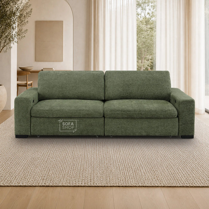 Extendable Electric Sofa Bed in Green Chenille Fabric | 3 Seater Power Sliding Couch Perfect for Home Cinema & Movie Nights | USBc Charging Ports | Palma | The Sofa Shop