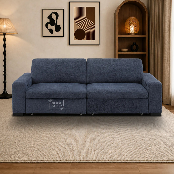 3 Seater Fabric Extendable Electric Sofa Bed | Power Sliding Couch With USB+C Charging | Blue Chenille Fabric | Home Theatre Seating & Comfort Headrests | Palma | The Sofa Shop