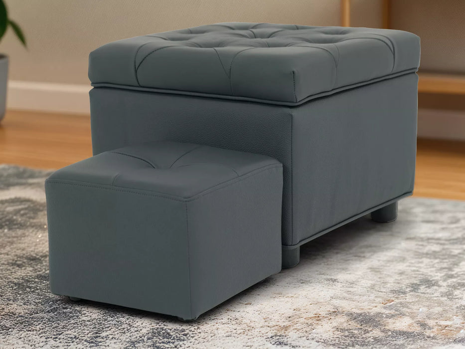 Grey Real Leather Footstool | Storage Ottoman for Sofa - Square