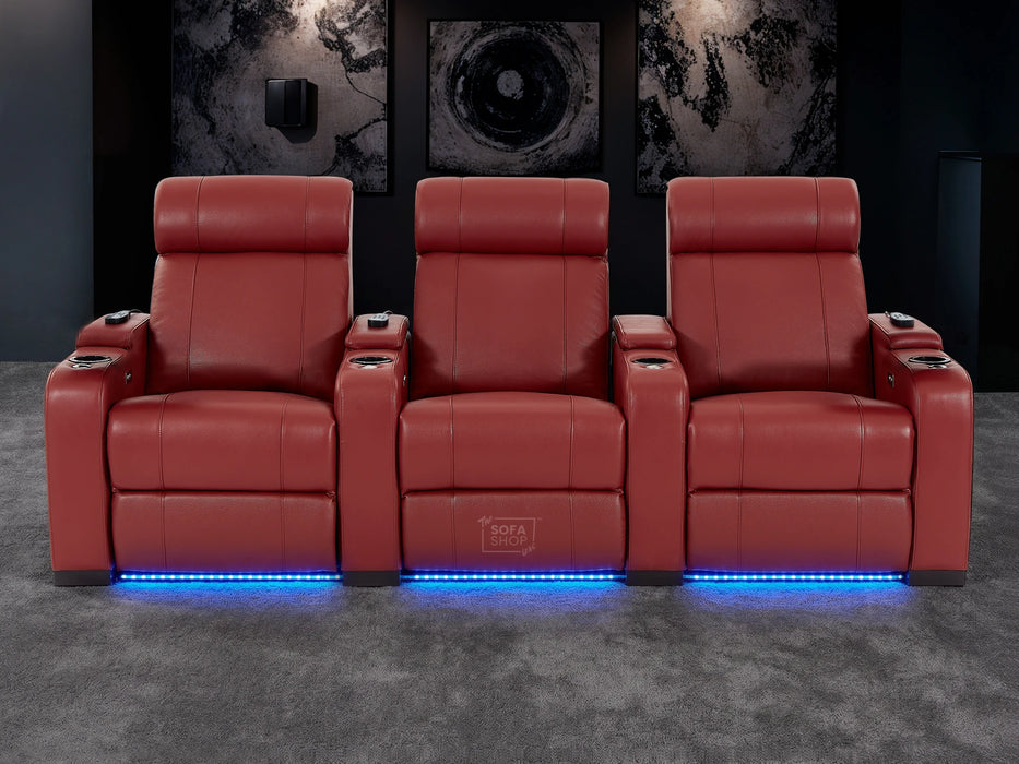 3 Seater Real Leather Electric Recliner Cinema Theatre Sofa in Red | Electric Recliner With Massage, Bluetooth & Cooling Cup Holders + Storage + Power | Rimini | The Sofa Shop