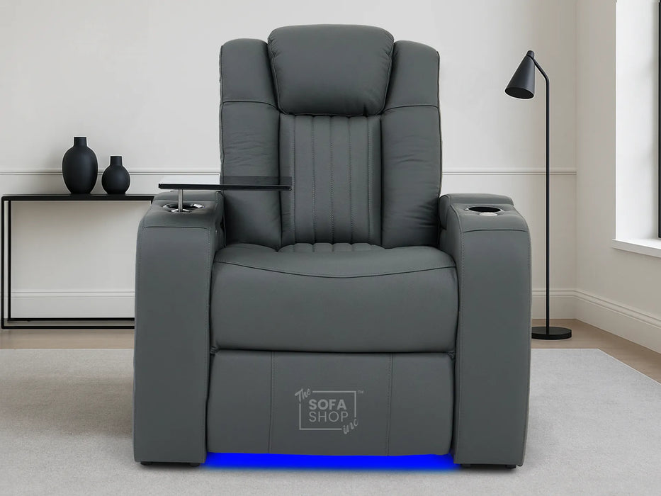 Real Leather Recliner Chair & Cinema Seat in Grey | Electric Armchair with Massage, LED Cup Holders, Table & USB Ports | Capri