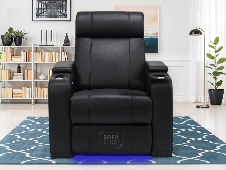 1 Seat Real Leather Electric Recliner Chair Home Cinema Sofa In Black with Massage, Cup Holders + Storage + USB + LED Lights | Rimini
