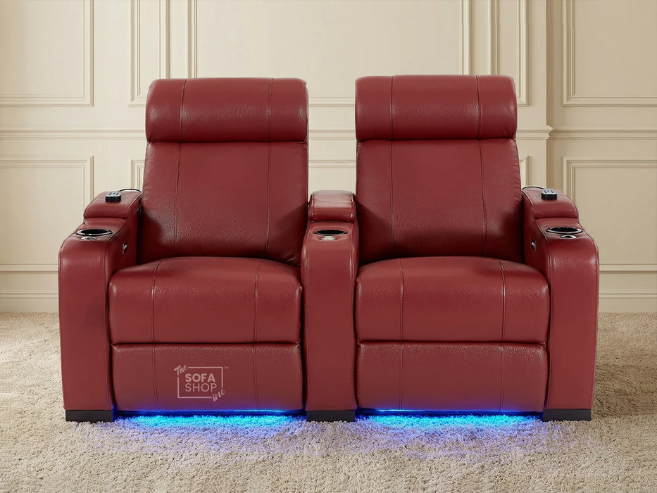 2 Seater Real Leather Electric Recliner Cinema Sofa in Red | Hi-Tech Cinema Sofa With Massage, Tray Tables & Cooling Cup Holders + USB Ports | Rimini | The Sofa Shop