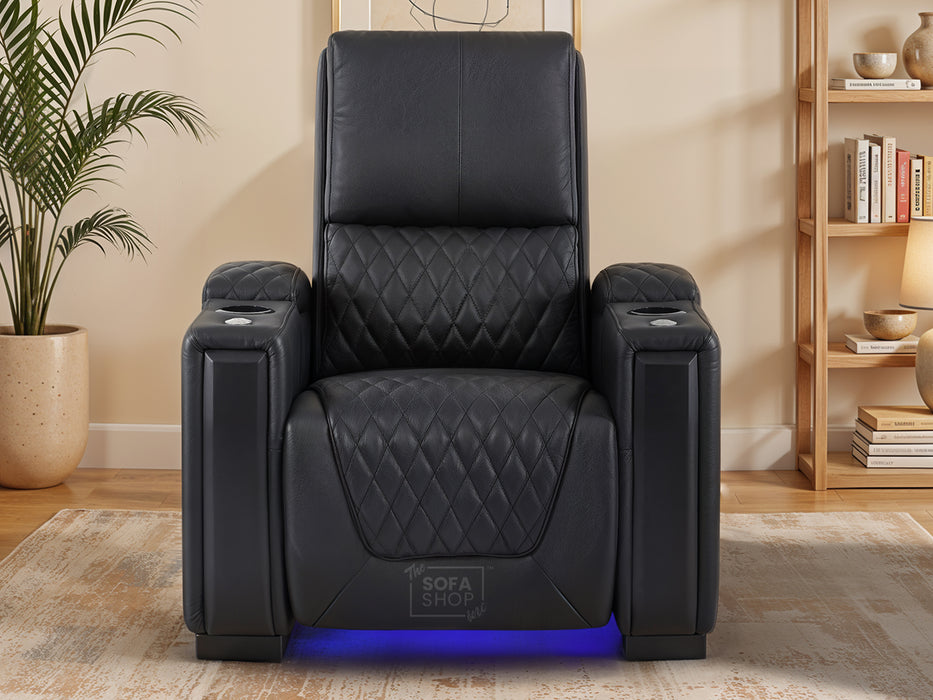 1 Seater Black Real Leather Electric Recliner Cinema Chair | Hi-Tech Sofa With Power Lumbar, Cooling Cup Holder & USB-C | Assisi | The Sofa Shop