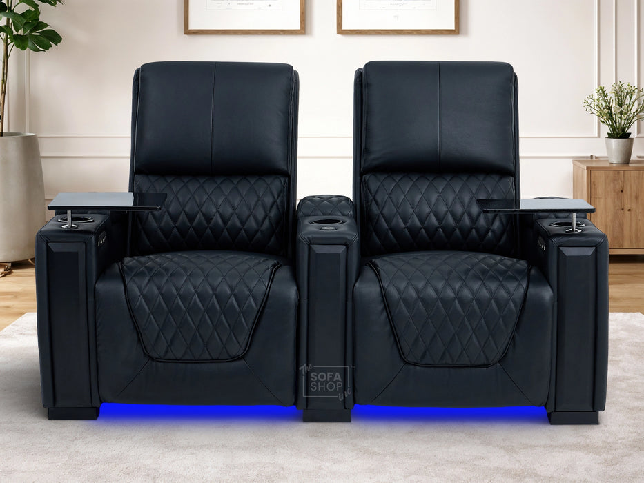 2 Seater Cinema Sofa in Black Real Leather | Luxury Theatre & Home Cinema Seating | Electric Recliner With Cooling Cup Holders + Lumbar Support | USB Charging + LED Lights | Assisi