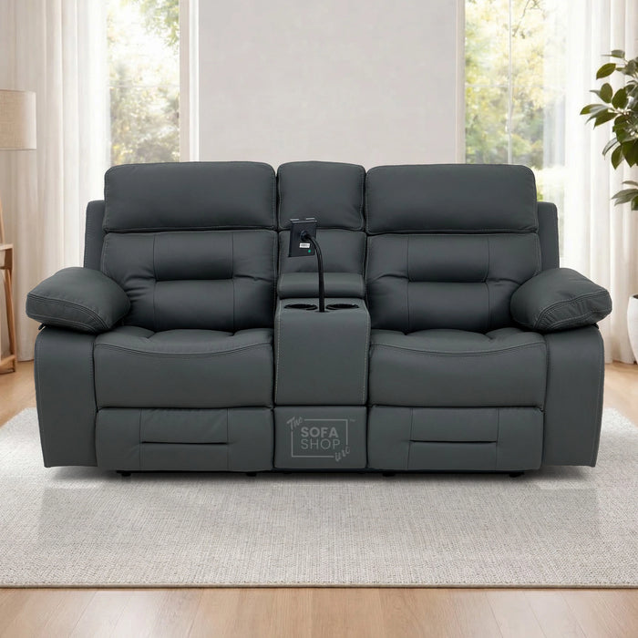 2 Seater Real Leather Electric Recliner Cinema Sofa in Grey | Massage, Heated Lumbar, Console & Cooling Cup Holders | Sicily | The Sofa Shop