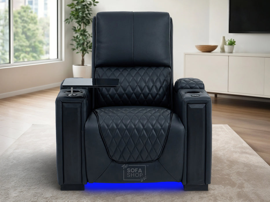 1 Seat Real Leather Electric Recliner Chair in Black With Massage + Heating + Cup Holders + Storage Compartments | Assisi