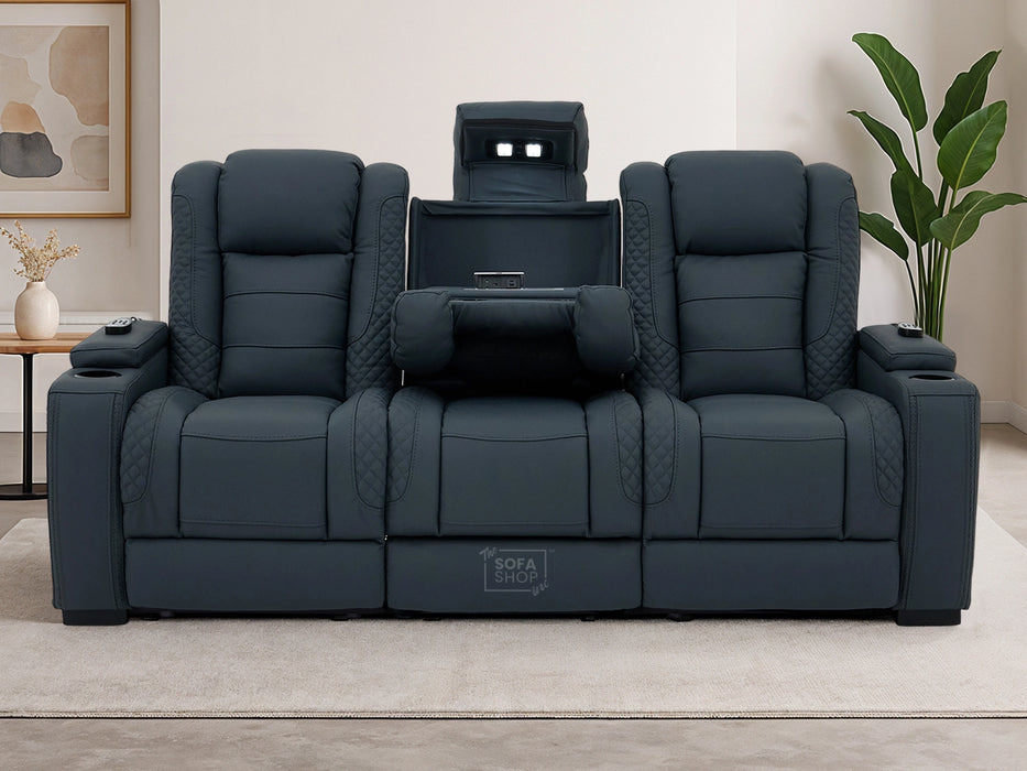 3+2 Cinema Sofa Set in Blue Genuine Leather with Massage, Drop-Down Table, Cup Holders, LED Reading Light, Power Recliner, USB Ports, Socket Set & Storage | Blue Leather | Napoli | The Sofa Shop