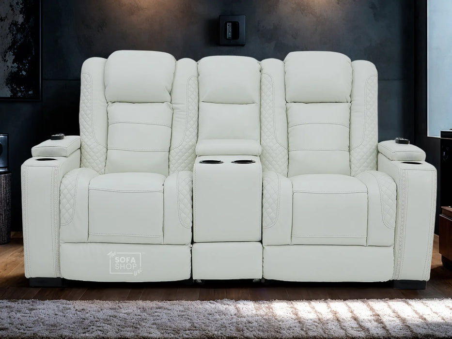 2 Seater Real Leather Electric Recliner Sofa with Cooler Cupholders, Massage, USB, Wireless Charging & Console | White Genuine Leather | Napoli