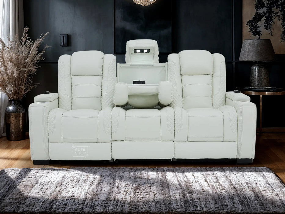 3 Seater Real Leather Electric Recliner Sofa with Fold-Down Table, Massage, USB, Storage & Cupholders | White Genuine Leather | Napoli