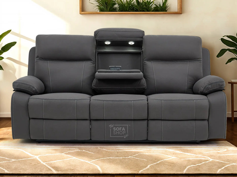 3 Seat Electric Recliner Home Cinema Theatre Sofa | Fabric Couch In Grey + Cupholders + Table + Power + USB + Speakers | Vinsonova | The Sofa Shop