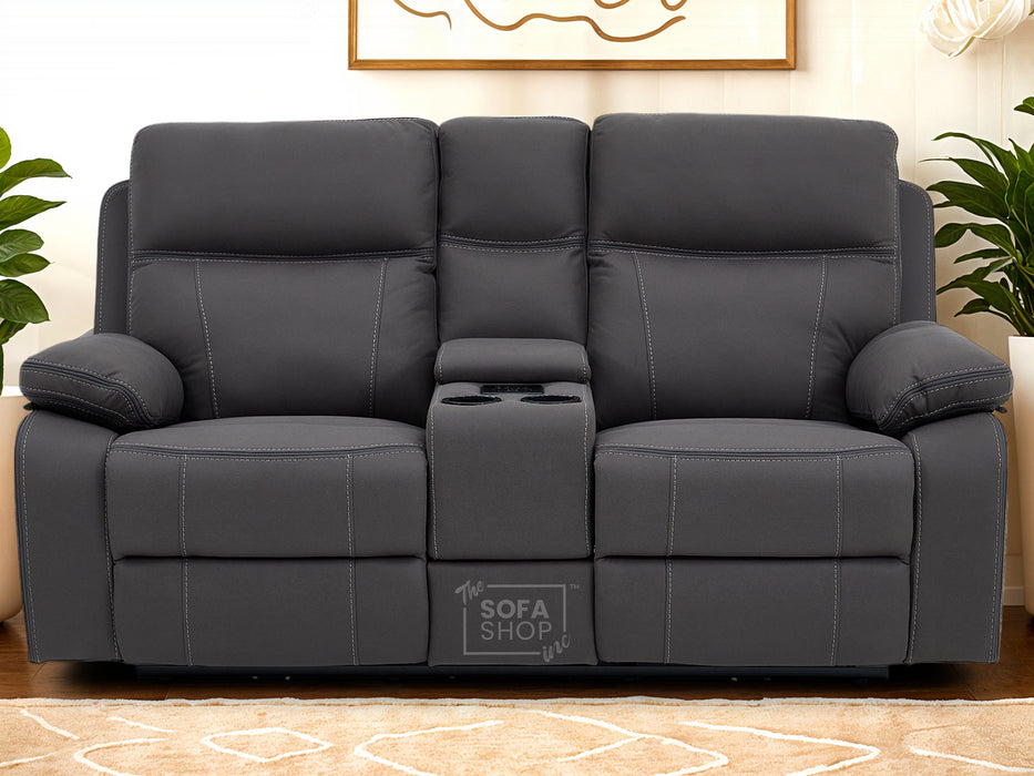 2 Seater Hi-Tech Sofa | Electric Recliner Home Cinema Seat in Grey Fabric with Chilled Cupholders + Console + Power Sockets + USB | Vinsonova Series one