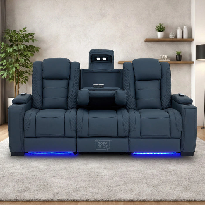 3 Seater Electric Recliner Cinema Sofa in Blue Genuine Leather with Massage, Drop-Down Table, Cup Holders, Power Recliner, USB Ports & Storage Box | Napoli