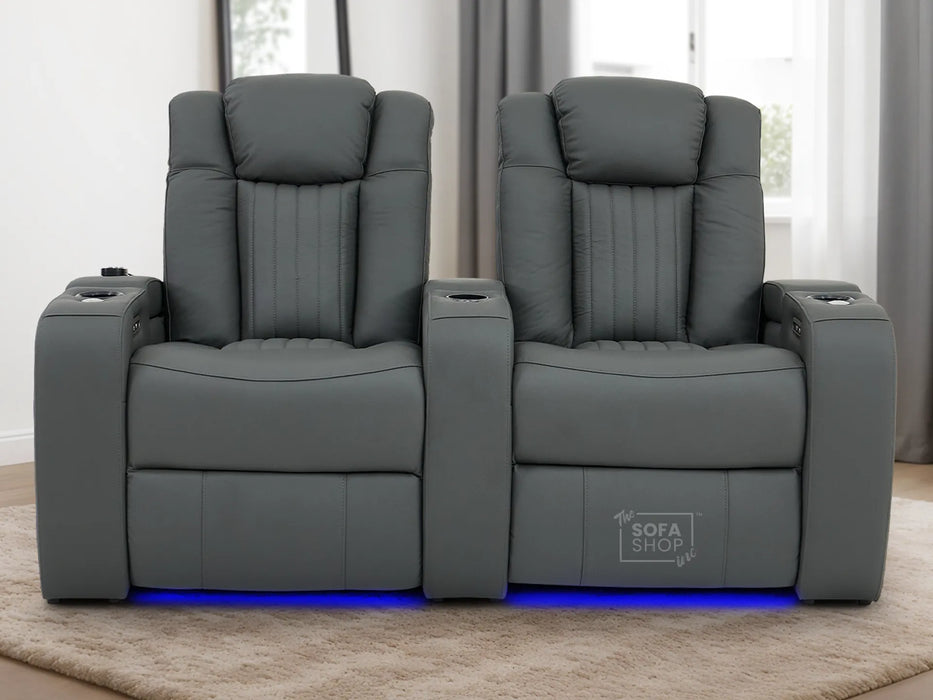 2 Seater Real Leather Power Recliner Smart Cinema Sofa | Grey Couch with Massage, Arm Storage, and Adjustable Headrest | Capri | The Sofa Shop