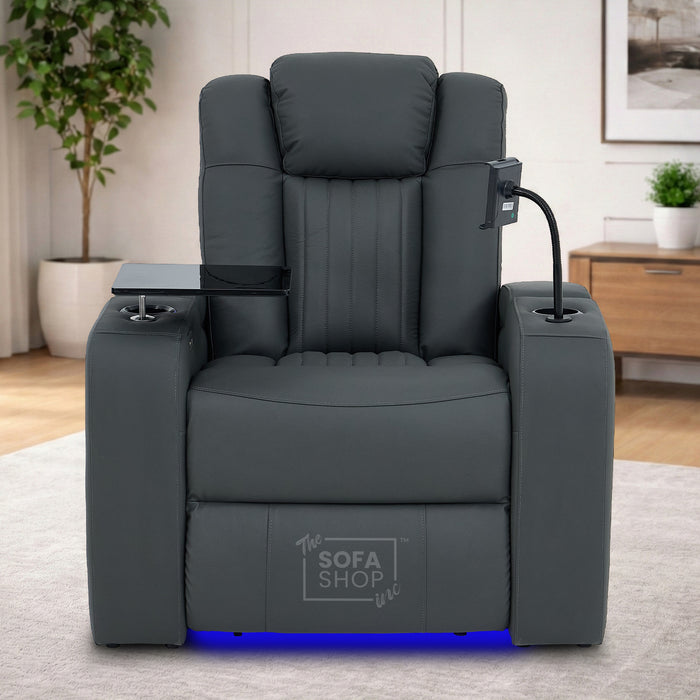 Real Leather Recliner Chair & Cinema Seat in Grey | Electric Armchair with Massage, Heating, LED Cup Holders, Table & USB Ports | Capri