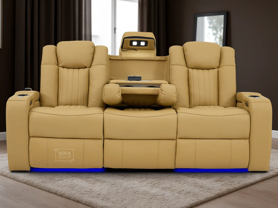 Real Leather 3+2 Smart Recliner Sofa Set in Tan | Power Reclining Sofa Suite with Drop-Down Table, Console, Massage, USB & LED | Capri | The Sofa Shop