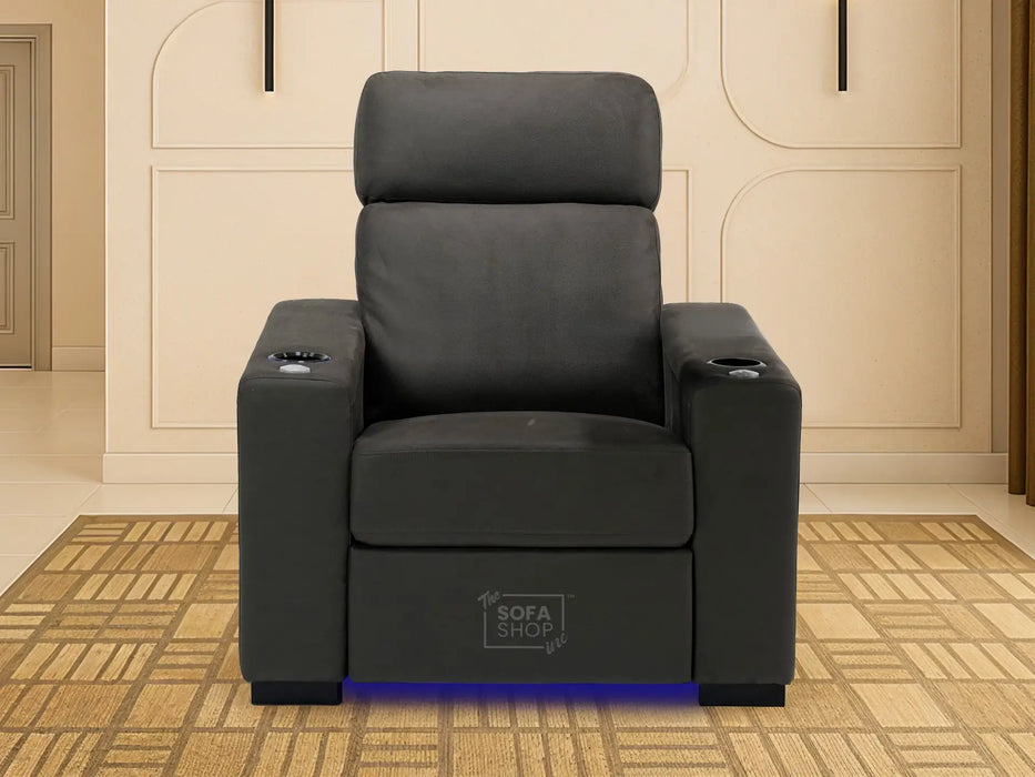 Fabric Cinema Armchair with Electric Reclining, Power Recliner, Lumbar Support, 2 Cup Holders, USB Charging & Tray Table | Hi-Tech Grey Fabric Chair | Palmero | Sofa Shop