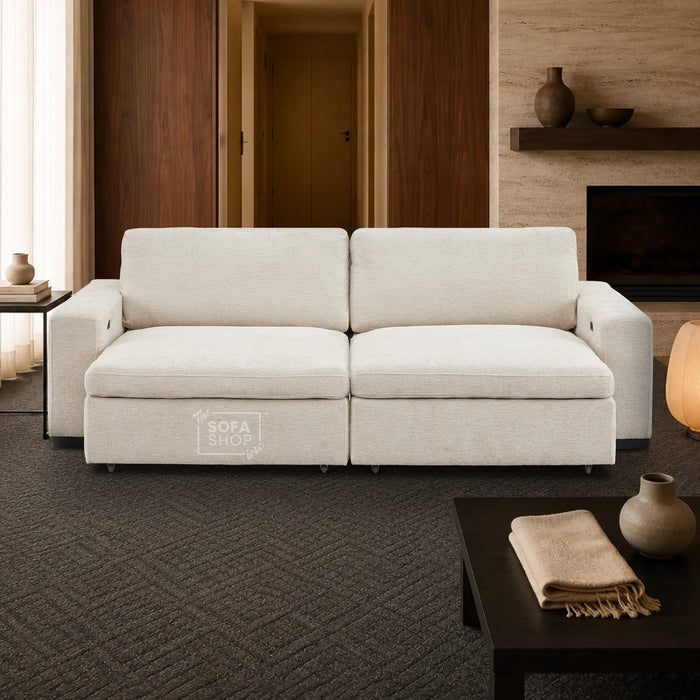 Extendable Electric Sofa - Bed in Cream Chenille Fabric | 3 Seater Power Sliding Couch Perfect for Home Cinema & Movie Nights  | USBc Charging Ports | Palma