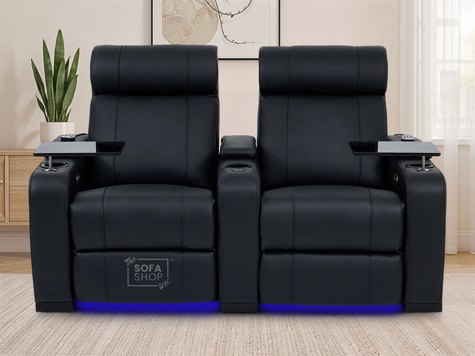 2 Seater Real Leather Electric Recliner Cinema Sofa in Black | Hi-Tech Cinema Sofa With Massage, Heated Lumbar, Power Grommet, Console & Chilled Cupholders | Rimini | The Sofa Shop