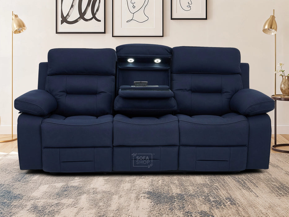 3+1 Electric Recliner Sofa Suite in Blue Resillience Fabric | Hi-Tech Cinema Set with Massage, Drop-Down Table, Power Headrest, Power Recliner, Storage Drawer, USB & Wireless Charging | Sicily