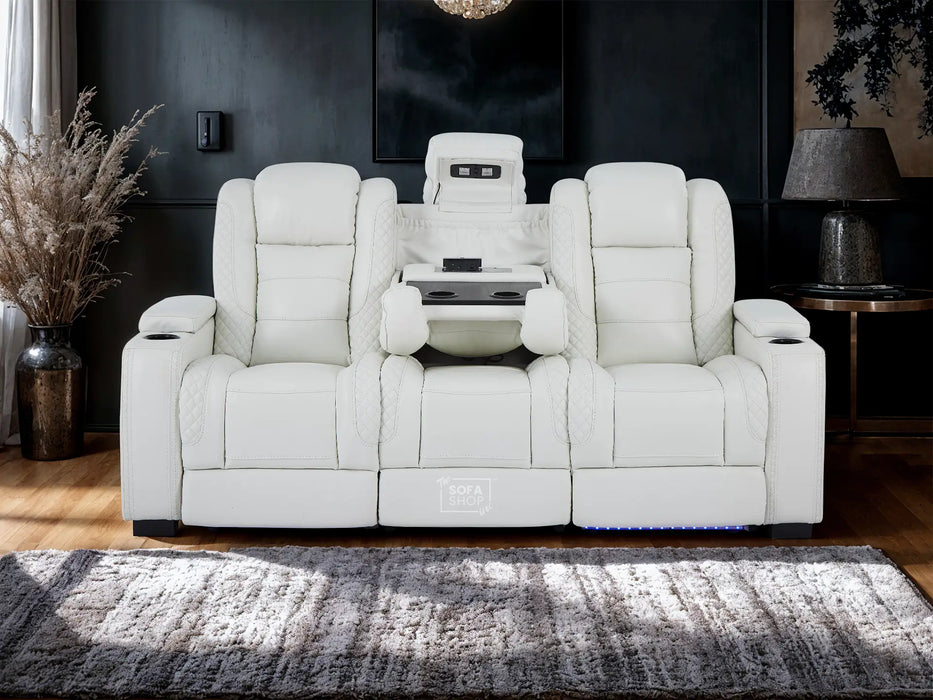 3 Seater Real Leather Electric Recliner Sofa with Fold-Down Table, Bluetooth Speakers, USB, Storage & Cupholders | White Genuine Leather | Napoli Series One
