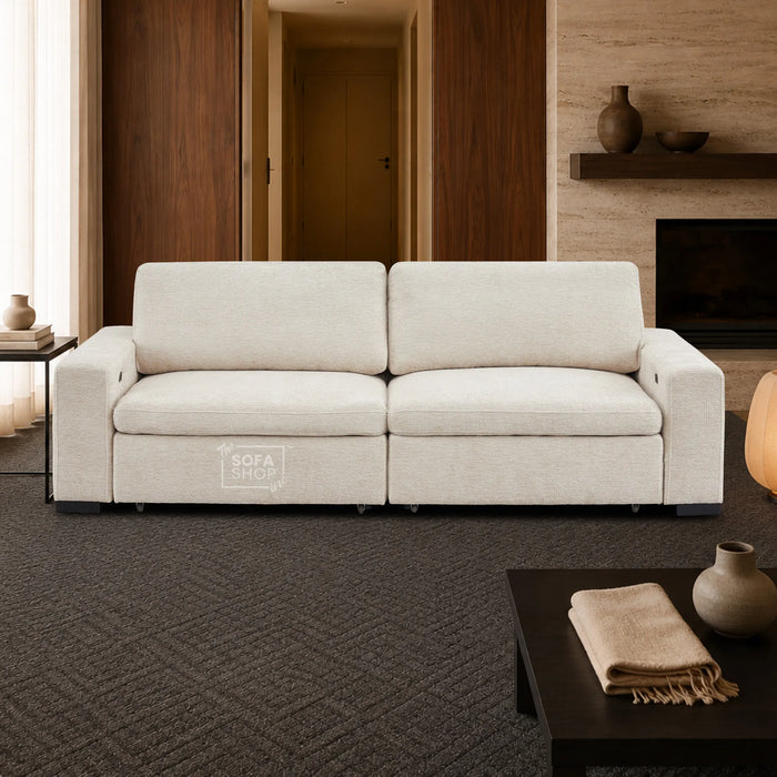 Extendable Electric Sofa - Bed in Cream Chenille Fabric | 3 Seater Power Sliding Couch Perfect for Home Cinema & Movie Nights  | USBc Charging Ports | Palma