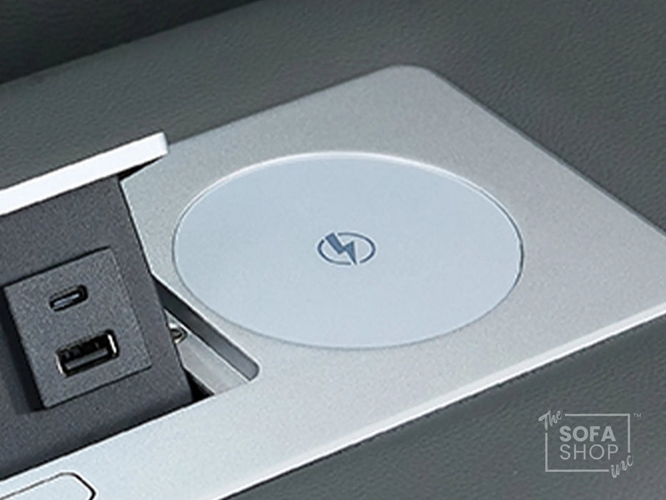 3 Seater Recliner Cinema Sofa | Theatre Couch in Grey Real Leather with USB Ports, Heating, Cup Holders, and Wireless Charger | Capri | The Sofa Shop