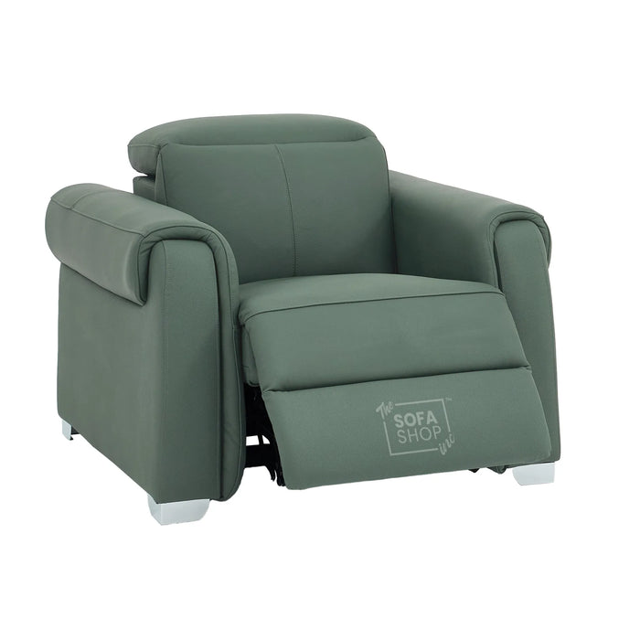 Real Leather Electric Recliner Chair In Green | Hi-Tech Chair with Massage, Power Headrest + USB Charging Ports | Turin