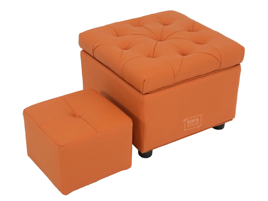 Orange Real Leather Footstool | Storage Ottoman for Sofa - Square