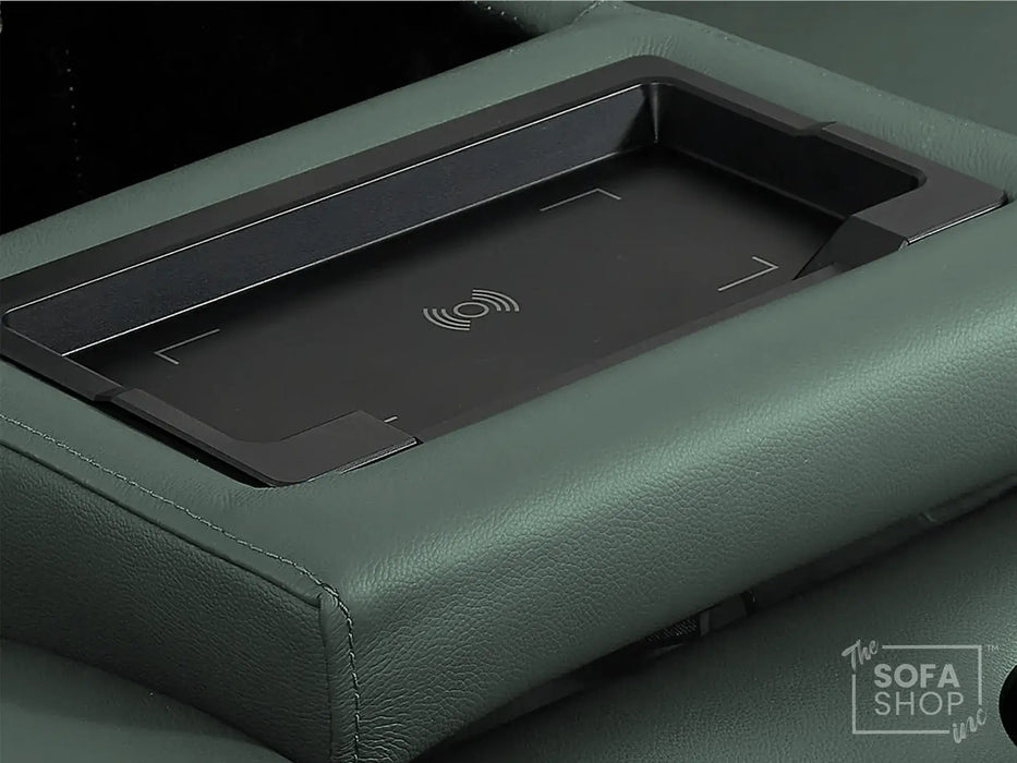 2 Seater Real Leather Electric Recliner Sofa | Cinema Sofa | Hi-Tech Sofa in Green with Massage, Middle Console, Adjustable Headrests & USB | Turin