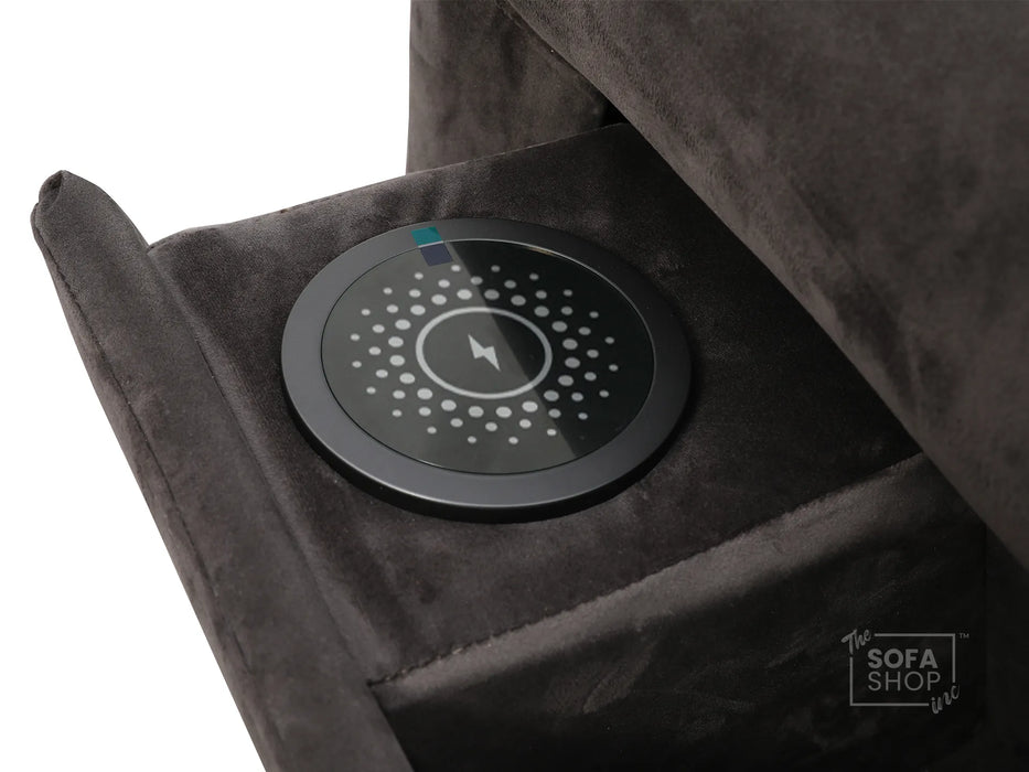 Extendable Electric Sofa - Bed in Grey Velvet Fabric | 3 Independant Power Motion Seats Perfect for Cinema Room & Home Theatre | 3 Seater with Cupholder + USBc & Wireless Charging | Almeria