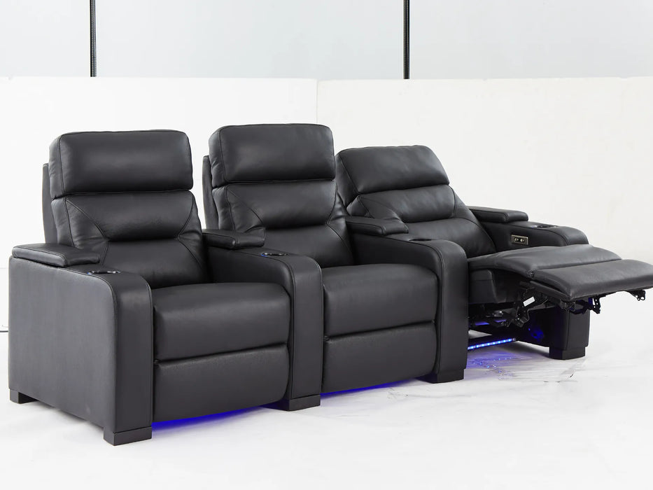 3 Seat Electric Recliner Home Cinema Theatre Sofa | Real Leather Couch in Black with Power Reclining, Power Headrests, LED Cup Holders & Storage Arms - 24