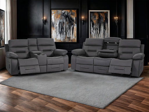 3+2 Seater Grey Fabric Sofas with Drop-Down Table, Power Headrest, Power Recliner, Bluetooth, Socket Set, Storage Drawer, USB & Wireless Charging | Grey Fabric | Sicily | The Sofa Shop