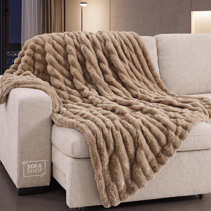 Chic Khaki Flannel Plush Blanket 150 x 200cm | Fluffy Warm Cosy Throw with Ultra-Soft Fleece + Machine Washable Care | Boston | Bed Sofa Couch Blanket | The Sofa Shop