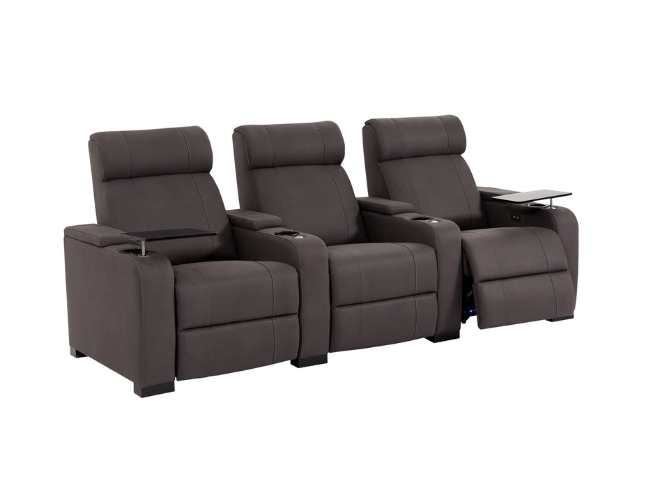 3 Seat Electric Recliner Home Cinema Theatre Sofa | Fabric Couch in Grey + Chilled Cupholders + Console + Table + Power + USB + LED Lights| Rimini | The Sofa Shop