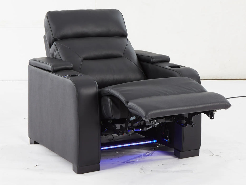 1 Seat Electric Recliner Chair Home Cinema Sofa | Real Leather Chair in Black with Power Headrest + LED Cup Holders + Storage - Trapani - 25