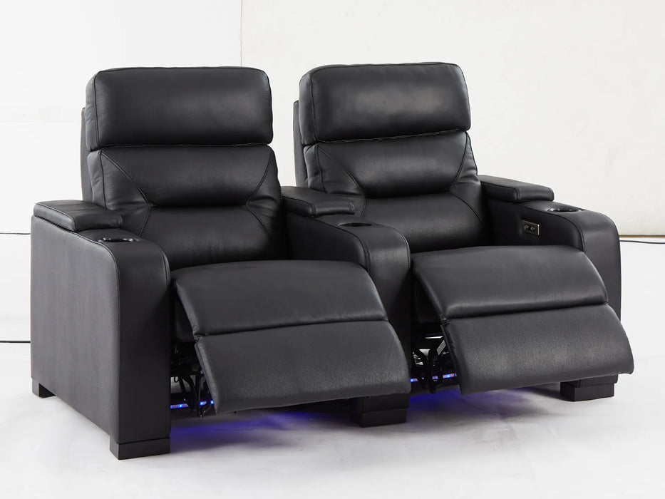 2 Seat Electric Recliner Home Cinema Theatre Sofa | Real Leather Couch In Black + LED Lights + LED Cupholders + Storage - Trapani - 26