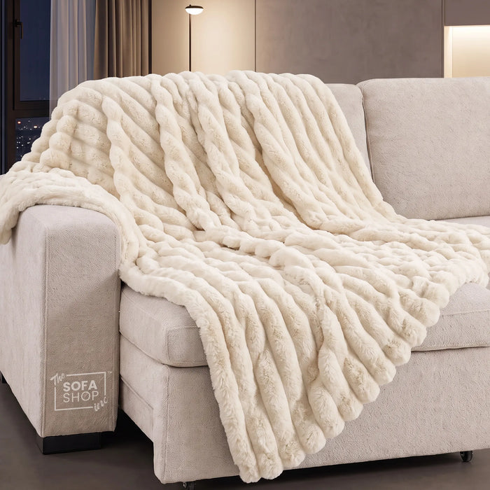 Classic Beige Flannel Plush Blanket 150 x 200cm | Fluffy Warm Cosy Throw with Ultra-Soft Fleece + Machine Washable Care | Boston | Bed Sofa Couch Blanket | The Sofa Shop