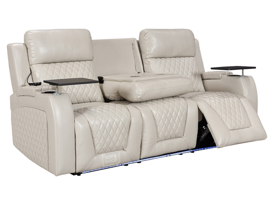 3+1 Electric Recliner Sofa Set inc. Cinema Seat in Light Beige Leather. 2-Piece Cinema Sofa Set with USB & Storage Box - Venice Series Two