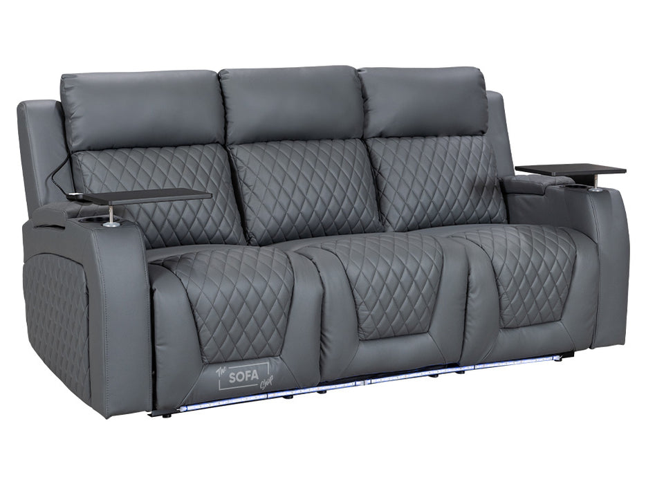 3 Seater Electric Recliner with Power, Massage & Cup Holders - Smart Cinema Sofa in Grey Leather - Venice Series Two