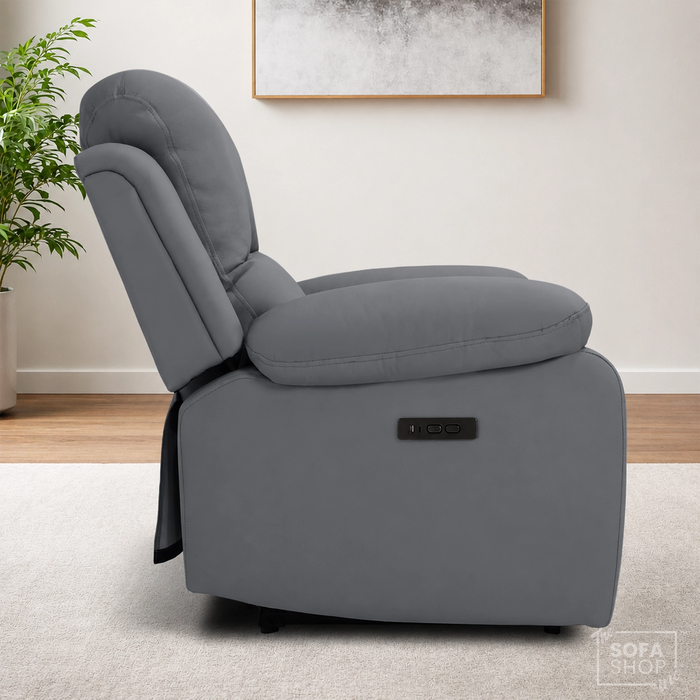 Trento Electric Recliner Chair in Grey Real Leather | Power Recline, Padded Armrests & Lumbar Support | The Sofa Shop