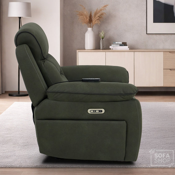 1 Seater Electric Recliner Chair in Green Fabric | Hi-Tech Chair with Vibration Massage + Heated Lumbar + Power Headrest + Power Grommet + USB+C Charging | Florence | The Sofa Shop