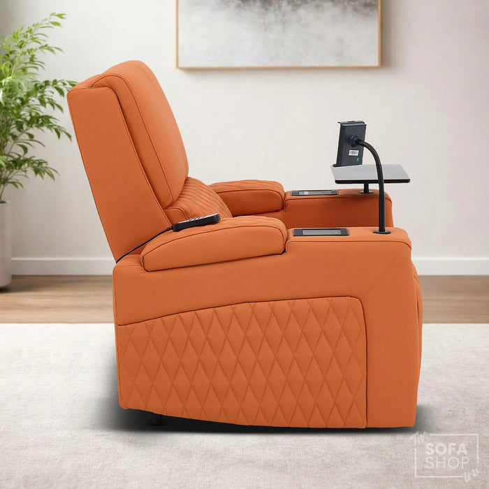 1 Seater Electric Dual Lift Riser Cinema Chair | Power Recline, Heated Lumbar + Massage & Cooling & Heating Cup Holders | Orange Real Leather Riser Armchair with Tray Tables | Assisi | The Sofa Shop