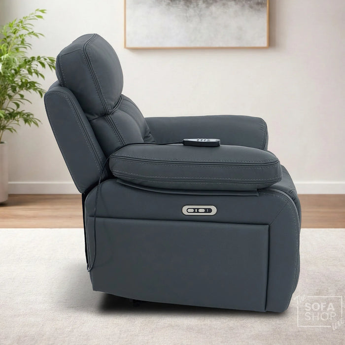 1 Seater Cinema Chair in Grey Genuine Leather | Hi-Tech Cinema Chair with Power Recline + Power Headrest + Vibration Massage + Heated Lumbar+ Power Grommet | Sicily | The Sofa Shop
