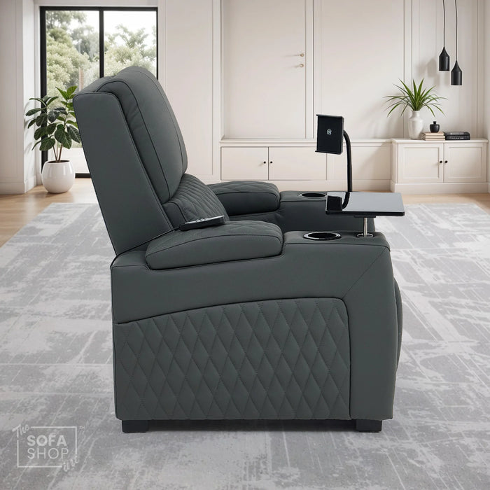 1 Seat Real Leather Electric Recliner Home Cinema Chair in Grey With Massage + Low Heated Lumbar + Cup Holders + Storage Compartments | Assisi