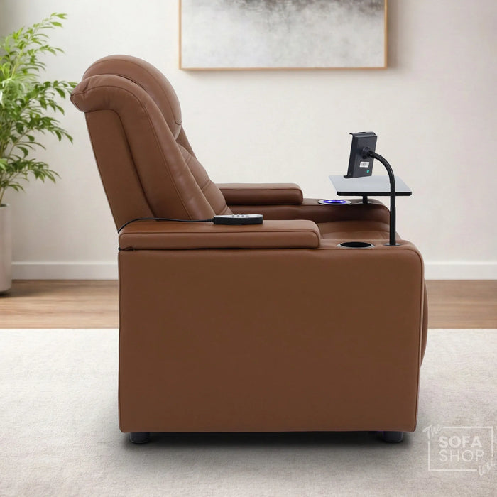 1 Seater Cinema Chair in Brown Real Leather | Hi-Tech Cinema Chair with Power Recline, Power Headrest, Wireless Charging, Cup Holder, Vibration Massage, Heated Lumbar | Modena | The Sofa Shop