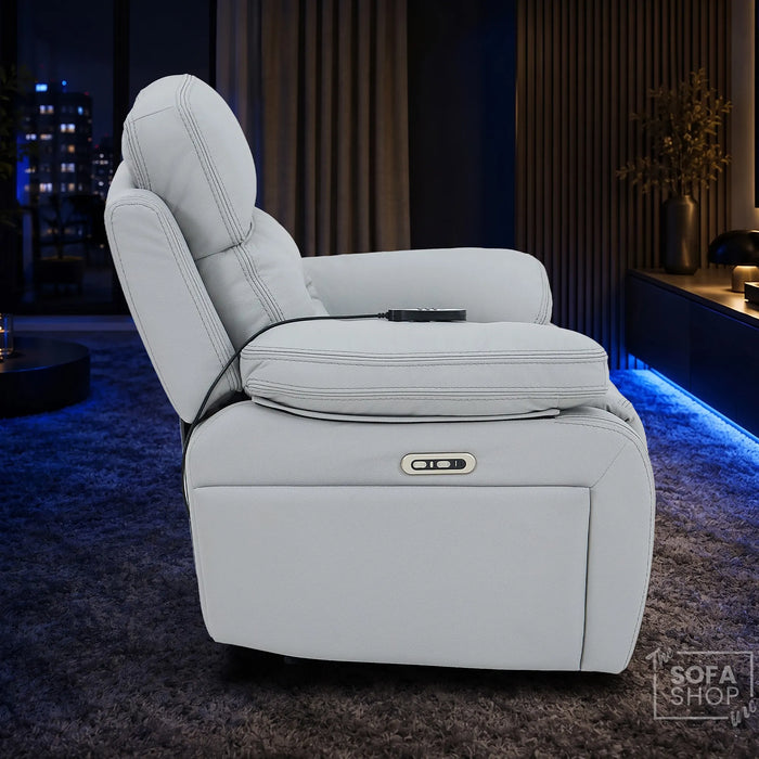1 Seater Cinema Chair in Light Grey Genuine Leather | Hi-Tech Cinema Chair with Power Recline + Power Headrest + Vibration Massage + Heated Lumbar + Side Storage & Power Grommet | Sicily | The Sofa Shop