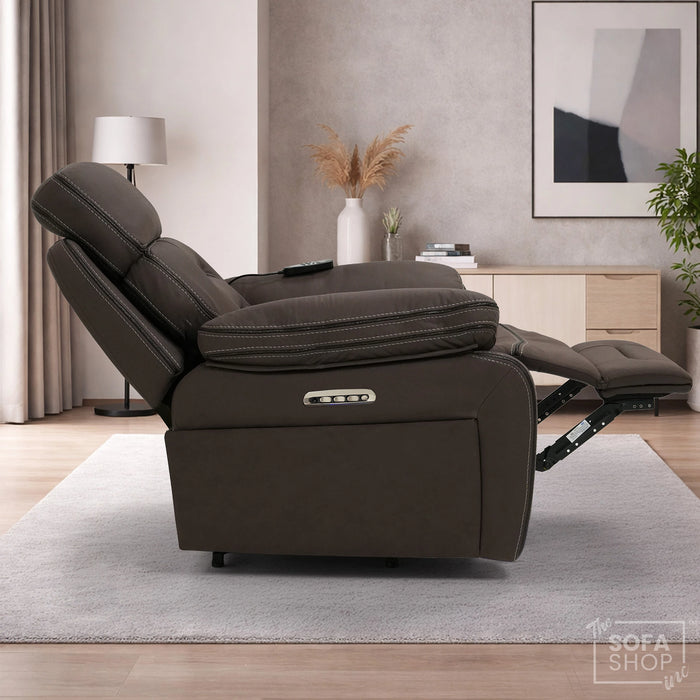 Tuscany Riser Recliner Chair | 1 Seater Dark Brown Fabric Electric Recliner Rising Armchair | Hi-Tech Lift Chair with Riser Function, Vibration Massage, Heated Lumbar  & Cooling Cup Holder + Power Grommet| The Sofa Shop