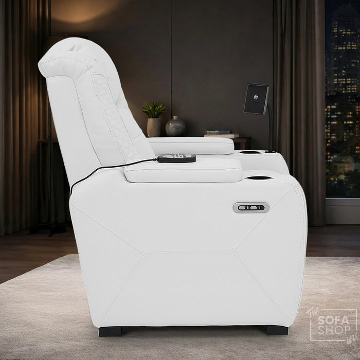 2 Seater Cinema Sofa in White Genuine Leather | Hi-Tech Cinema Sofa with Power Recline + Power Headrests + Settee Storage + Settee Cup Holders + Vibration Massage | Napoli | The Sofa Shop