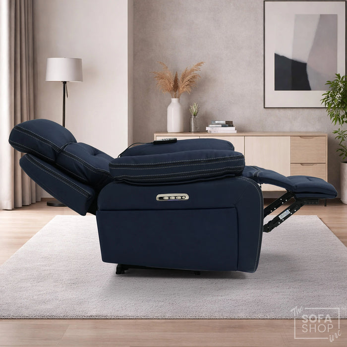Electric Riser Chair In Blue Fabric | Hi-Tech Recliner Armchair With Vibration Massage + Heated Lumbar + Cooling Cup Holder + Power Headrest | Tuscany | The Sofa Shop